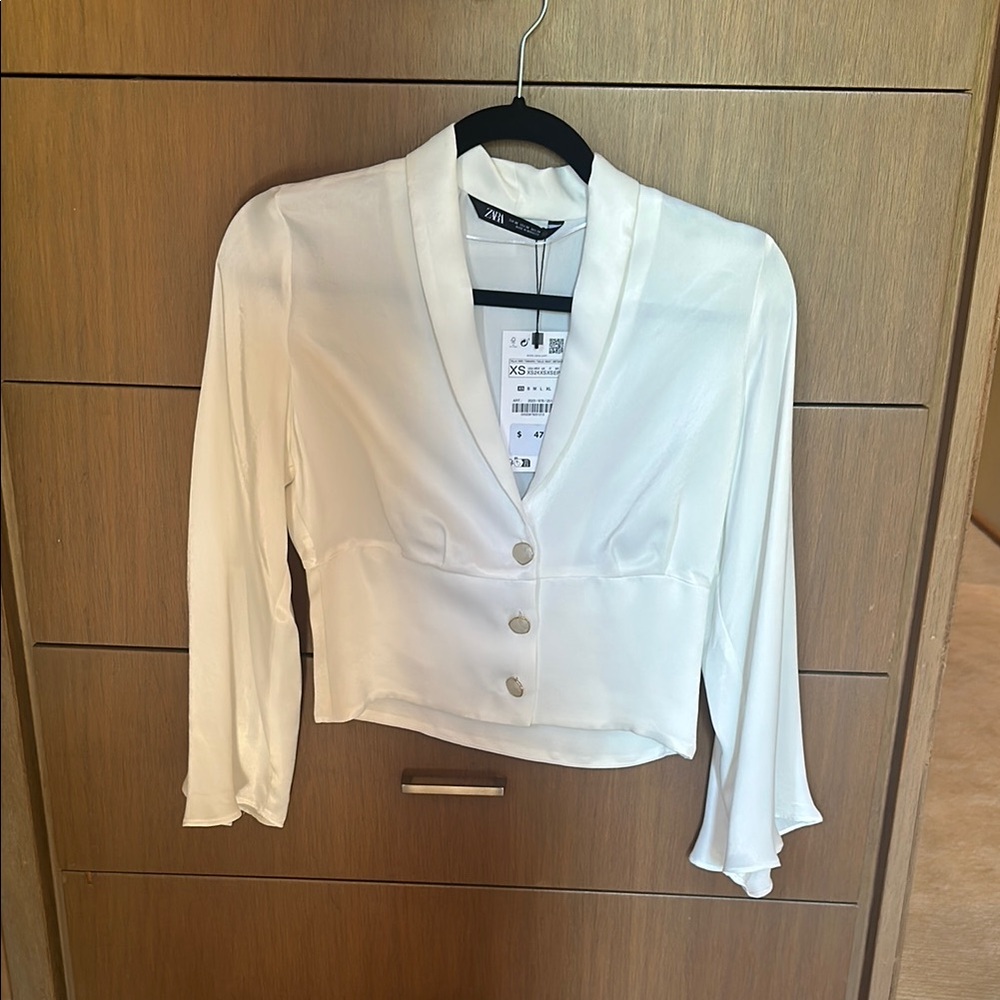 Zara Women's Cream Satin Blouse with Gold Buttons